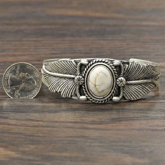 TURQUOISE WHITE Stone FEATHER C- CUFF BRACELET - Picture 7 of 8